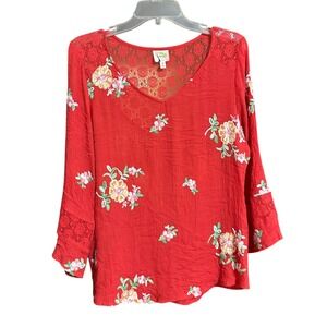 Fig & Flower Red Orange Floral Embroidered Lace V Neck Blouse Top L Gypsy Boho